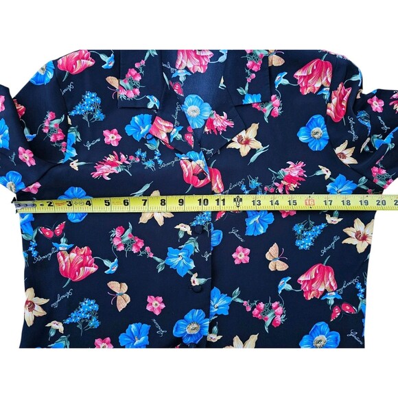 Vintage Kasper ASL Blouse 6 Skirt 10 Set Hawaiian Outfit Black Floral Shirt Top - Picture 9 of 16